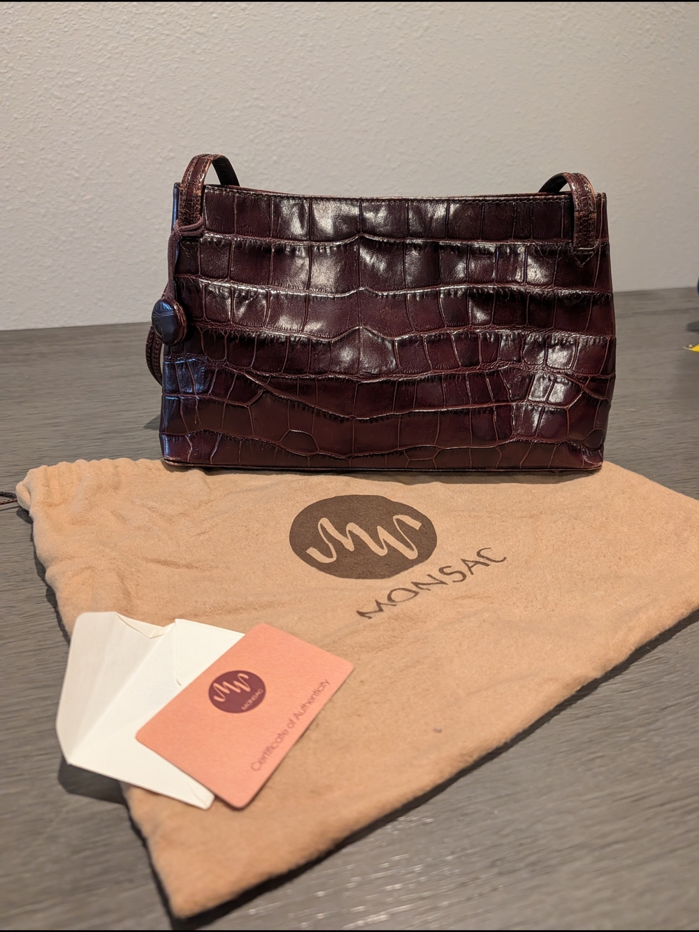 Monsac Vintage Glossy Croc-Embossed Shoulder Bag in Deep Burgundy